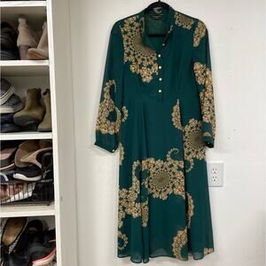 Gyalwana Green & Gold Printed Chiffon Dress Midi Length Womens L Coquette Preppy